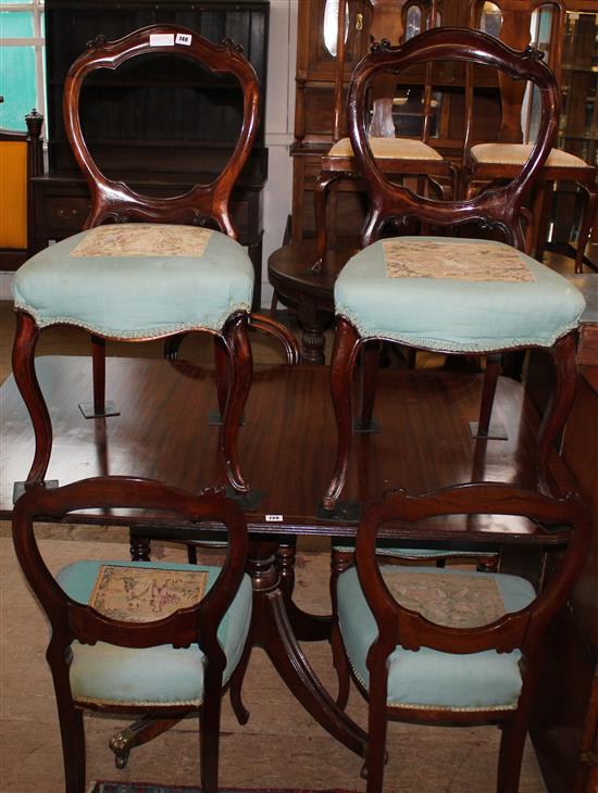 Set of four Victorian walnut spoon back dining chairs, blue & tapestry upholstered & pair of similar chairs with pierced splats